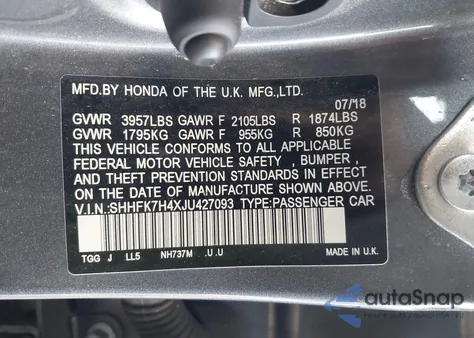 2018 Honda Civic Sport from USA, damaged, VIN SHHFK7H4XJU427093